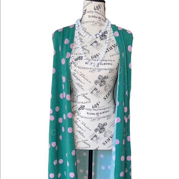 LuLaRoe Small Joy Vest • Forest Green With Rose Polka Dots • Long Sweater Vest - Picture 1 of 12